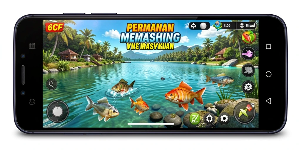 Screenshot gameplay menarik dari 6CF yang menunjukkan aksi memancing.