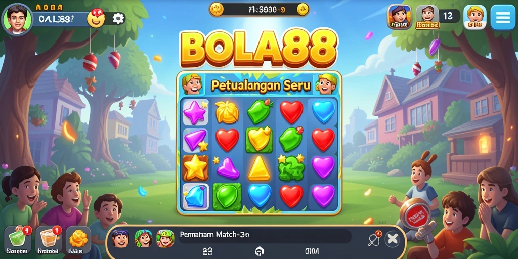 Tampilan gameplay BOLA88 dengan grafis match-3 yang colorful.