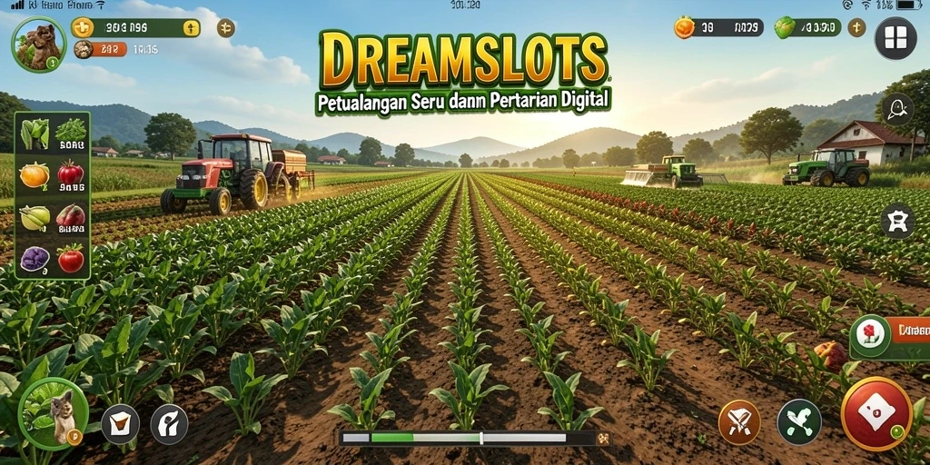 Tampilan gameplay <strong>DREAMSLOTS</strong> dengan aktivitas pertanian yang seru dan interaktif.