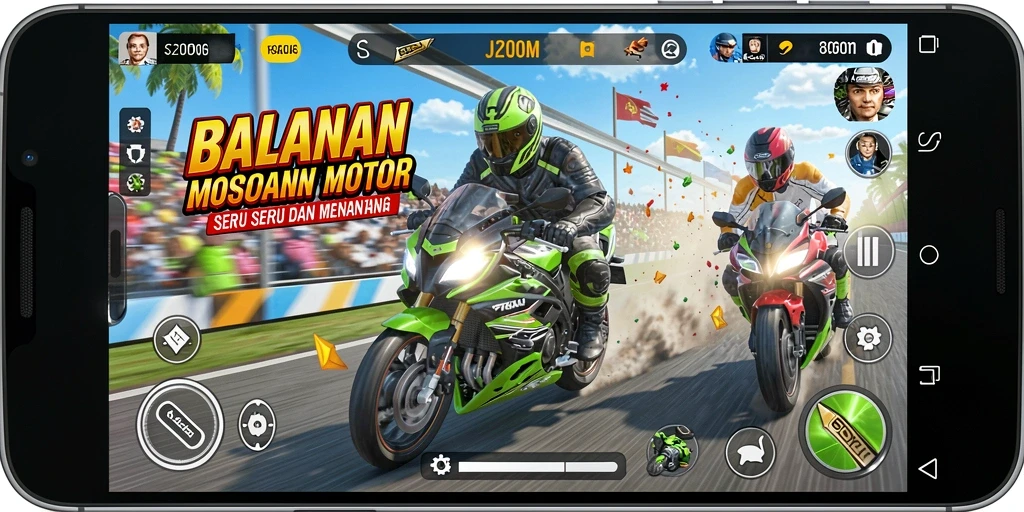 Gameplay seru J200M dengan balapan motor yang mendebarkan.